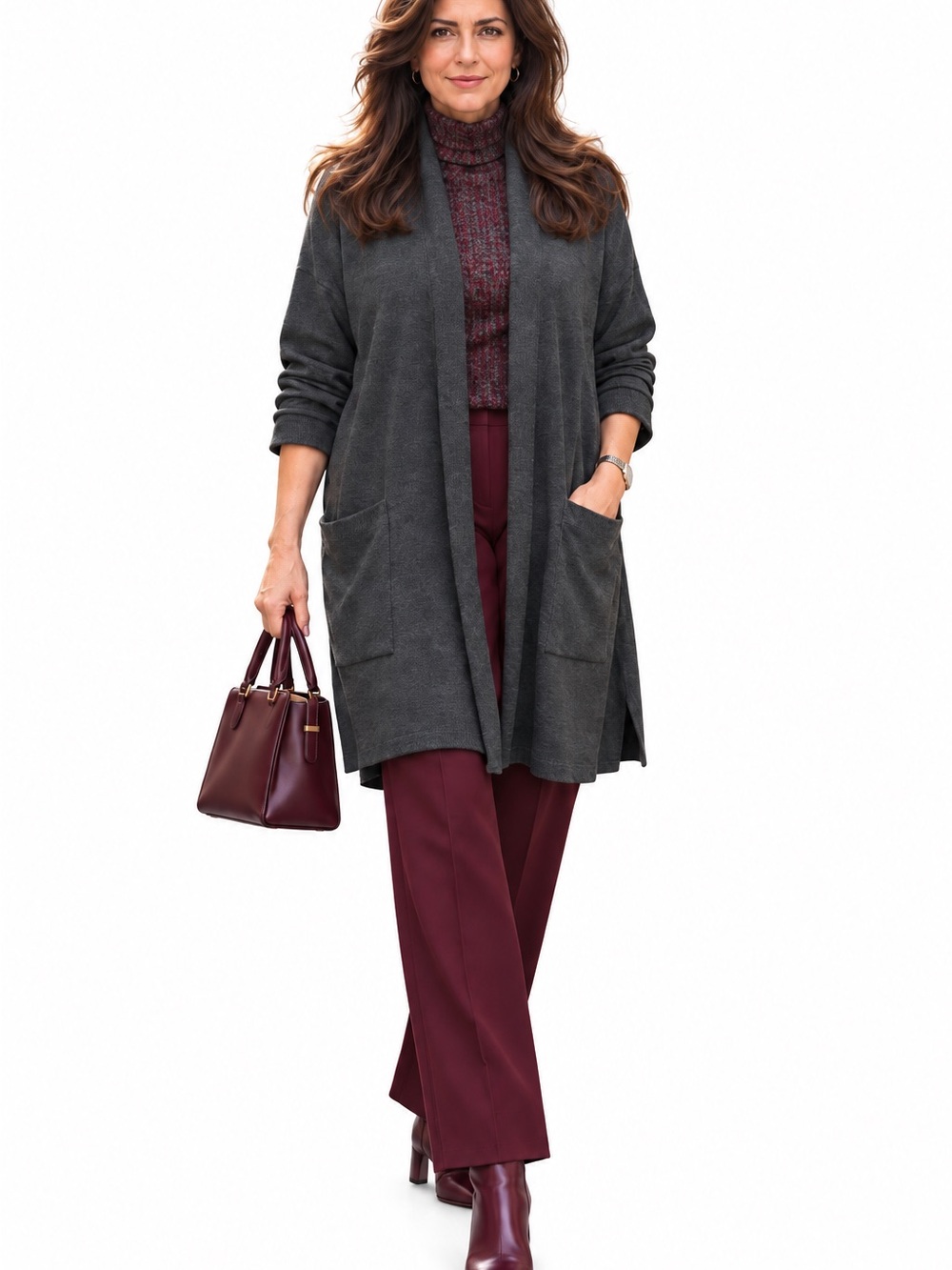 Open-Front Charcoal Pocket Cardigan Sweater